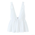 Women's Sexy Deep V Neck Ruffle Hem Strap Top With Bow Detail Polyester Poplin Camisole Summer Party Vacation Sweet Sleeveless Blouse