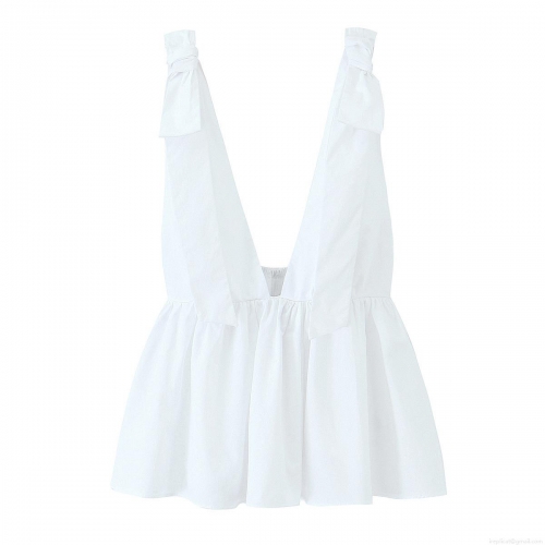 Women's Sexy Deep V Neck Ruffle Hem Strap Top With Bow Detail Polyester Poplin Camisole Summer Party Vacation Sweet Sleeveless Blouse