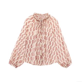 Women Retro Paisley Print Silver Lurex Chiffon Blouse Ruffle Neck Tie Up Lantern Sleeve Shirt Casual Bohemian Daily Office Tops