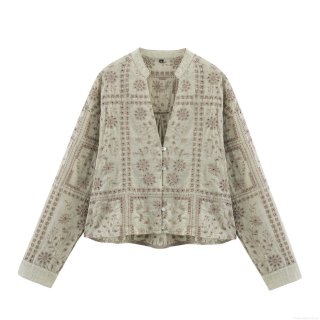 Women's Vintage Sage Green Floral Embroidered Blouse Long Sleeve Hollow Out Button Down Cotton Blend Shirt Elegant Casual Tops