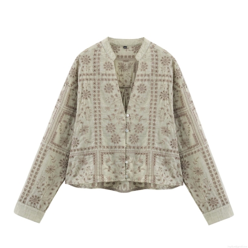 Women's Vintage Sage Green Floral Embroidered Blouse Long Sleeve Hollow Out Button Down Cotton Blend Shirt Elegant Casual Tops