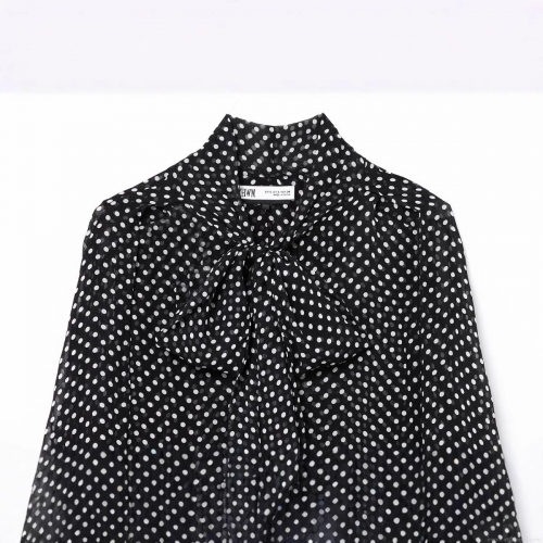 Women's Elegant Polka Dot Chiffon Blouse Bowknot Stand Collar Long Sleeve Lantern Sleeve Shirt For Party Office Daily Wear Tops