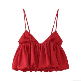 Sexy Satin Camisole Top 100% Polyester Silk Texture Adjustable Spaghetti Strap Deep V Neck Ruffled Hem Party Club Date Trendy Sleeveless Backless Cropped Tank Top For Women