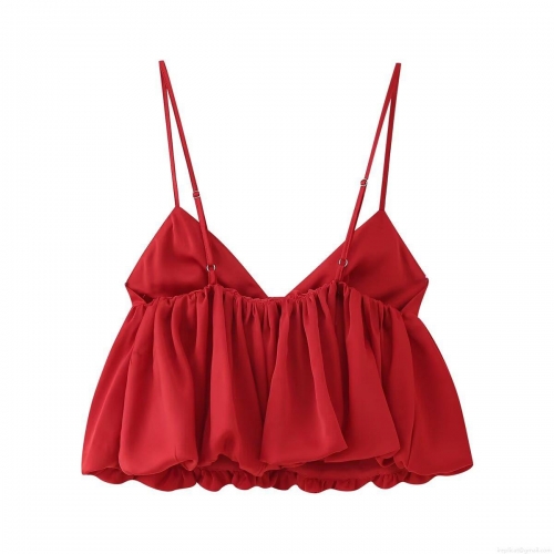 Sexy Satin Camisole Top 100% Polyester Silk Texture Adjustable Spaghetti Strap Deep V Neck Ruffled Hem Party Club Date Trendy Sleeveless Backless Cropped Tank Top For Women