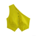 Women One Shoulder Vest Top Polyester Woven Asymmetric Button Down Crop Top For Party Streetwear Sexy Solid Lime Green Sleeveless Shirt