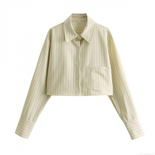 Women's Long Sleeve Striped Crop Shirt Turn-down Collar Single Breasted Polyester Blouse For Daily Streetwear Casual Chic Trendy Top