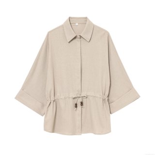 Women's Casual Cotton Linen Blend Shirt Long Sleeve Drawstring Waist Blouse With Wood Beads Solid Color Relaxed Fit Top For Daily Travel