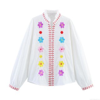 Elegant Long Sleeve Stand Collar Ruffle White Blouse With Colorful Floral Embroidery Polyester Ethnic Style Casual Fashion Button Down Tops For Women