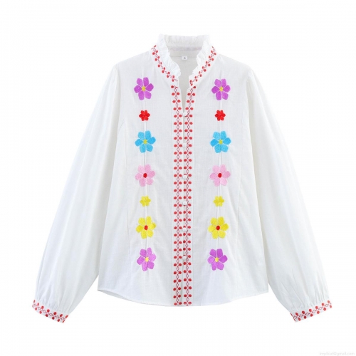 Elegant Long Sleeve Stand Collar Ruffle White Blouse With Colorful Floral Embroidery Polyester Ethnic Style Casual Fashion Button Down Tops For Women