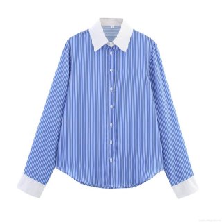 Women's Fashion Striped Shirt Polyester Cotton Blend Long Sleeve Button Down Contrast Collar Blouse For Casual Office Work Daily Wear Modern Loose Fit Style