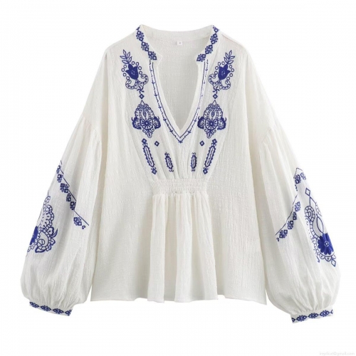Women's Bohemian Ethnic Embroidery Cotton Blouse V Neck Lantern Sleeve Smocked Waist Shirt White Blue Floral Sequined Beaded Casual Long Sleeve Top