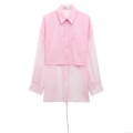 Women's Sweet Pink Patchwork Shirt Transparent Mesh Long Sleeve Loose Blouse With Back Tie Polyester Organza Top For Women Dating Party