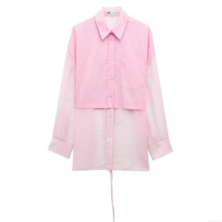 Women's Sweet Pink Patchwork Shirt Transparent Mesh Long Sleeve Loose Blouse With Back Tie Polyester Organza Top For Women Dating Party