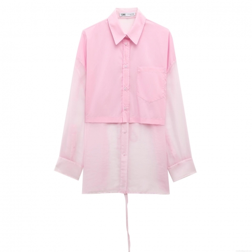 Women's Sweet Pink Patchwork Shirt Transparent Mesh Long Sleeve Loose Blouse With Back Tie Polyester Organza Top For Women Dating Party
