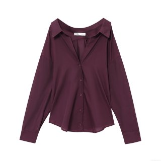 Elegant Wine Red Long Sleeve Blouse French Retro Solid Color Button Down Shirt Women's Casual Pleated Top Soft Polyester Cotton Blend Daily Wear