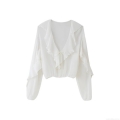 Elegant Women Ruffle V Neck Blouse Chiffon Long Sleeve Tie Front Layered Solid Color Casual Daily Party Fashion Tops