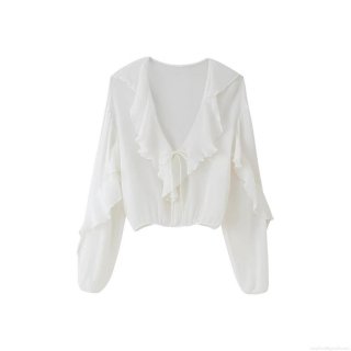 Elegant Women Ruffle V Neck Blouse Chiffon Long Sleeve Tie Front Layered Solid Color Casual Daily Party Fashion Tops