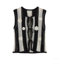 Women's Retro Crochet Knitted Vest 100% Polyester Black White Striped Floral Patchwork Tie Front Waistcoat Sleeveless Top For Casual Vacation Boho Style