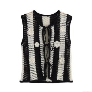 Women's Retro Crochet Knitted Vest 100% Polyester Black White Striped Floral Patchwork Tie Front Waistcoat Sleeveless Top For Casual Vacation Boho Style