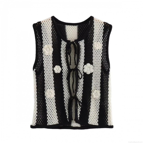 Women's Retro Crochet Knitted Vest 100% Polyester Black White Striped Floral Patchwork Tie Front Waistcoat Sleeveless Top For Casual Vacation Boho Style