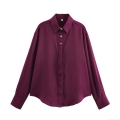 Women's Satin Blouse Elegant Long Sleeve Lapel Single Breasted Solid Color Polyester Shirt Top for Office Party Daily Wear