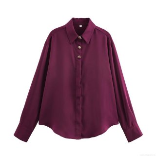 Women's Satin Blouse Elegant Long Sleeve Lapel Single Breasted Solid Color Polyester Shirt Top for Office Party Daily Wear