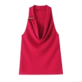 Women's Cowl Neck Sleeveless Top Red Satin Polyester Shirt With Metal Shoulder Buckles Elegant Slim Fit Sexy Club Party Cami Tank Top
