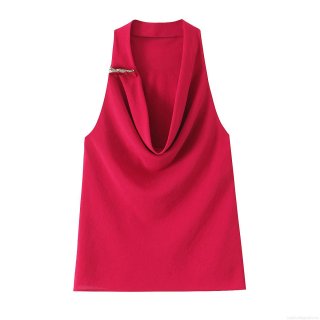 Women's Cowl Neck Sleeveless Top Red Satin Polyester Shirt With Metal Shoulder Buckles Elegant Slim Fit Sexy Club Party Cami Tank Top