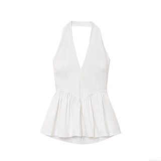 Women's Sexy Halter Neck V-Neck Backless Peplum Top Sleeveless Slim Fit Ruffle Hem Tank Top For Party Clubwear Summer Fashion White Plain Vest