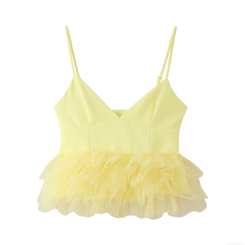 Women's Sweet Light Yellow V-Neck Camisole Top With Layered Mesh Ruffle Hem Slim Fit Sleeveless Polyester Tank Top For Summer Party Daily Wear