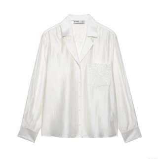 French Elegant Acetate Satin Long Sleeve Shirt For Women With Pocket Embroidery Loose Pearl White Blouse Top Office Commute