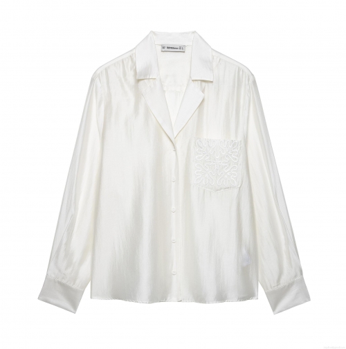 French Elegant Acetate Satin Long Sleeve Shirt For Women With Pocket Embroidery Loose Pearl White Blouse Top Office Commute