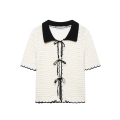 Women Sexy Knit Polo Shirt Short Sleeve Hollow Out Crochet Top Contrast Trim Bow Tie Front Cardigan Retro Summer Blouse For Women
