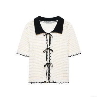 Women Sexy Knit Polo Shirt Short Sleeve Hollow Out Crochet Top Contrast Trim Bow Tie Front Cardigan Retro Summer Blouse For Women