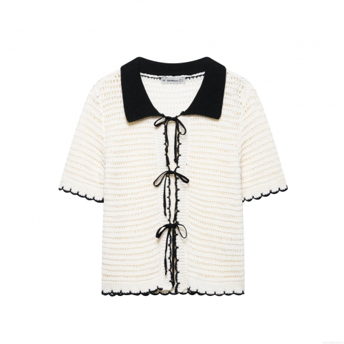 Women Sexy Knit Polo Shirt Short Sleeve Hollow Out Crochet Top Contrast Trim Bow Tie Front Cardigan Retro Summer Blouse For Women
