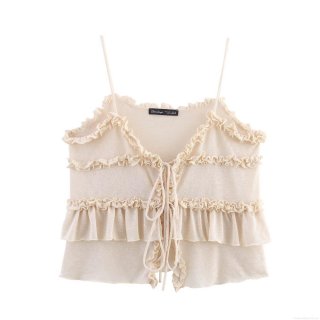 French Retro Women's Ruffle Knit Camisole Top Sweet V-Neck Tie-Front Sleeveless Slim Fit Crop Top Apricot Beige Polyester Knitted Summer Blouse