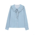 Women Blue and White Striped Long Sleeve Shirt Ruffle Peter Pan Collar Bow Tie Button Down Blouse Casual Preppy Style Sweet Top