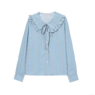 Women Blue and White Striped Long Sleeve Shirt Ruffle Peter Pan Collar Bow Tie Button Down Blouse Casual Preppy Style Sweet Top