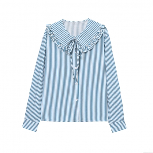 Women Blue and White Striped Long Sleeve Shirt Ruffle Peter Pan Collar Bow Tie Button Down Blouse Casual Preppy Style Sweet Top