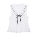 Women's Sleeveless Sailor Collar Blouse Polyester Bow Knot Slim Fit Contrast Trim Top Sweet Preppy Style White Poplin Shirt For Summer