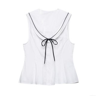 Women's Sleeveless Sailor Collar Blouse Polyester Bow Knot Slim Fit Contrast Trim Top Sweet Preppy Style White Poplin Shirt For Summer