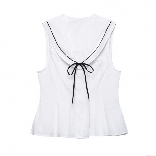 Women's Sleeveless Sailor Collar Blouse Polyester Bow Knot Slim Fit Contrast Trim Top Sweet Preppy Style White Poplin Shirt For Summer