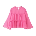 Women's Layered Ruffle Chiffon Blouse Solid Fuchsia Long Bell Sleeve Round Neck Pullover Elegant Party Top Fashion Shirt for Ladies