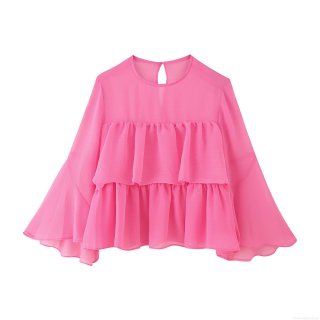 Women's Layered Ruffle Chiffon Blouse Solid Fuchsia Long Bell Sleeve Round Neck Pullover Elegant Party Top Fashion Shirt for Ladies