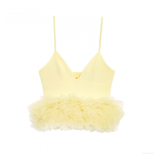 Women's Mesh Tiered Hem Camisole V-Neck Adjustable Spaghetti Strap Crop Top Slim Fit Sleeveless Peplum Tank Top For Party Summer