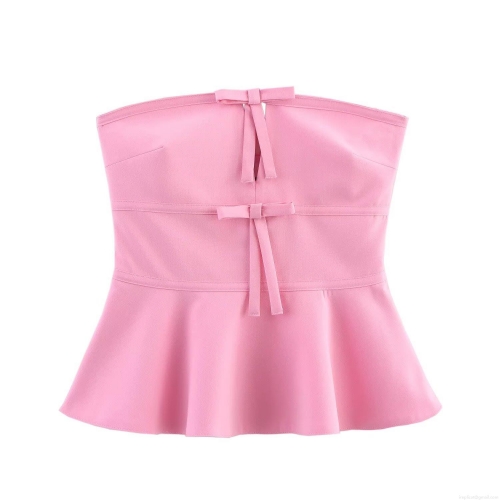Women's Pink Polyester Bow Decorated Tube Top Sweet Strapless Peplum Slim Fit Crop Top for Party Dating Summer