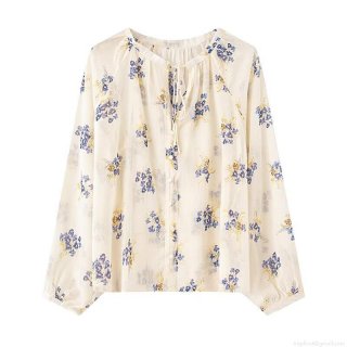 Women's Floral Print Long Sleeve Chiffon Blouse Elegant Tie-Neck Button-Down Shirt Creamy-White Translucent Summer Blouse For Casual Dating