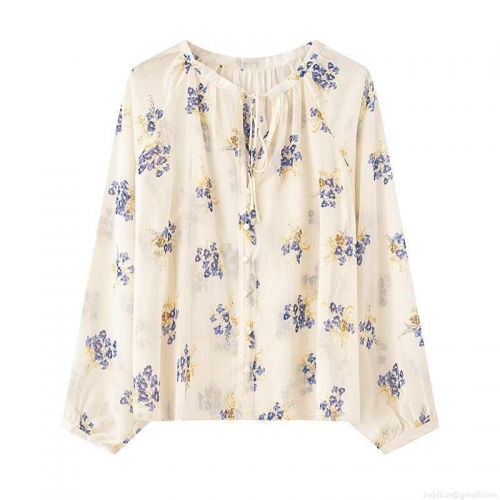 Women's Floral Print Long Sleeve Chiffon Blouse Elegant Tie-Neck Button-Down Shirt Creamy-White Translucent Summer Blouse For Casual Dating