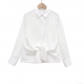 Women's 100% Cotton Long Sleeve Blouse Elegant Lapel Collar Button Down Shirt With Front Tie Knot For Women Office Daily Wear White Top