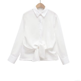 Women's 100% Cotton Long Sleeve Blouse Elegant Lapel Collar Button Down Shirt With Front Tie Knot For Women Office Daily Wear White Top